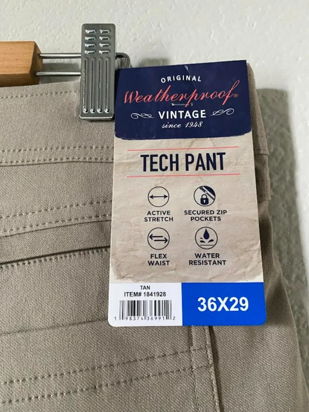NWT Men's Weatherproof Vintage Straight Fit Water Resistant Tech Pant, Tan 36x29